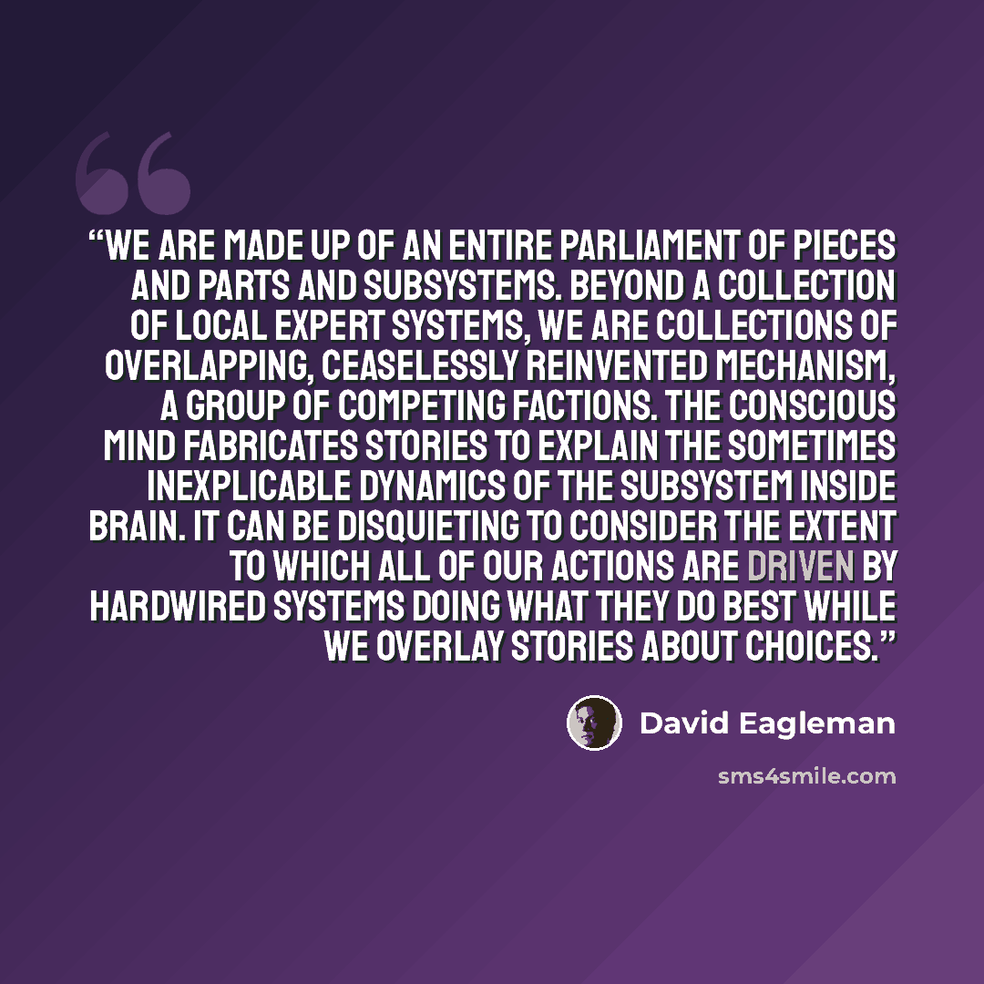 “We are made up of an entire parliament of pieces and parts and subsystems. Beyond a collection of local expert systems, we are collections of overlapping, ceaselessly reinvented mechanism, a group of competing factions. The conscious mind fabricates stories to explain the sometimes inexplicable…” quote by David Eagleman