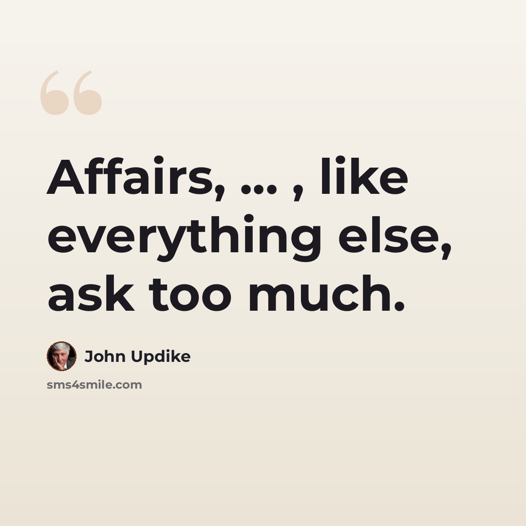 “Affairs, ... , like everything else, ask too much.” quote by John Updike