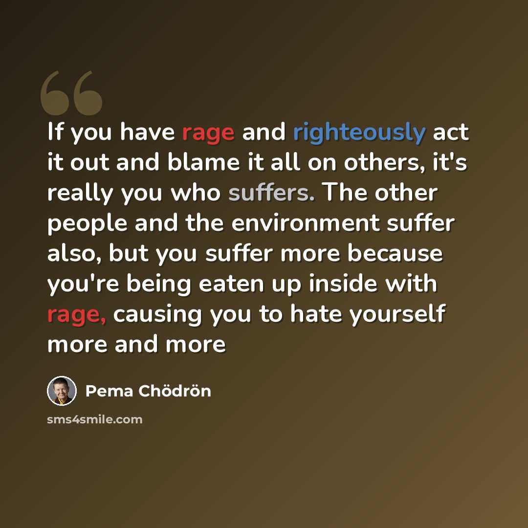 “If you have rage and righteously act it out and blame it all on others, it's really you who suffers. The other people and the environment suffer also, but you suffer more because you're being eaten up inside with rage, causing you to hate yourself more and more” quote by Pema Chodron