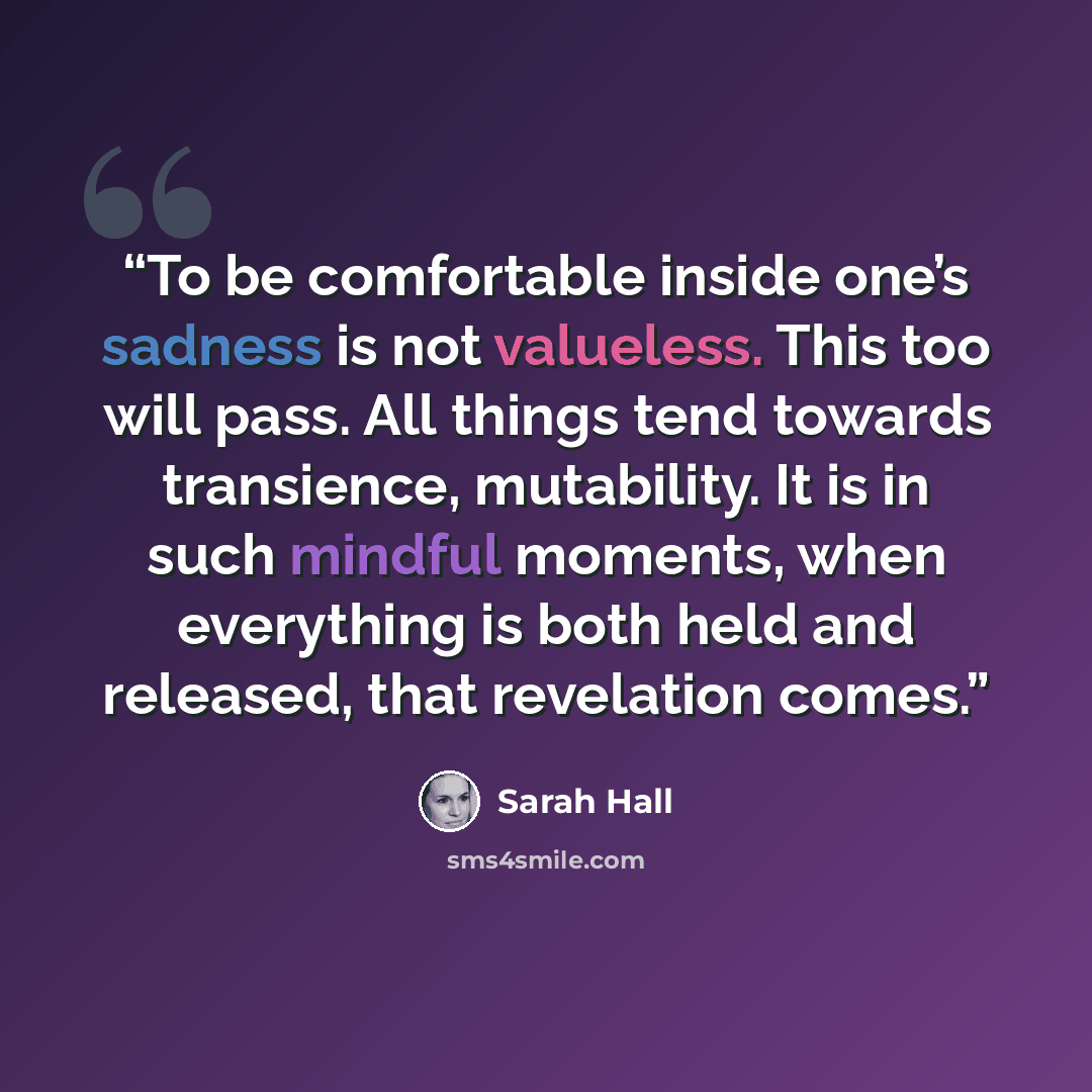 “To be comfortable inside one’s sadness is not valueless. This too will pass. All things tend towards transience, mutability. It is in such mindful moments, when everything is both held and released, that revelation comes.” quote by Sarah Hall