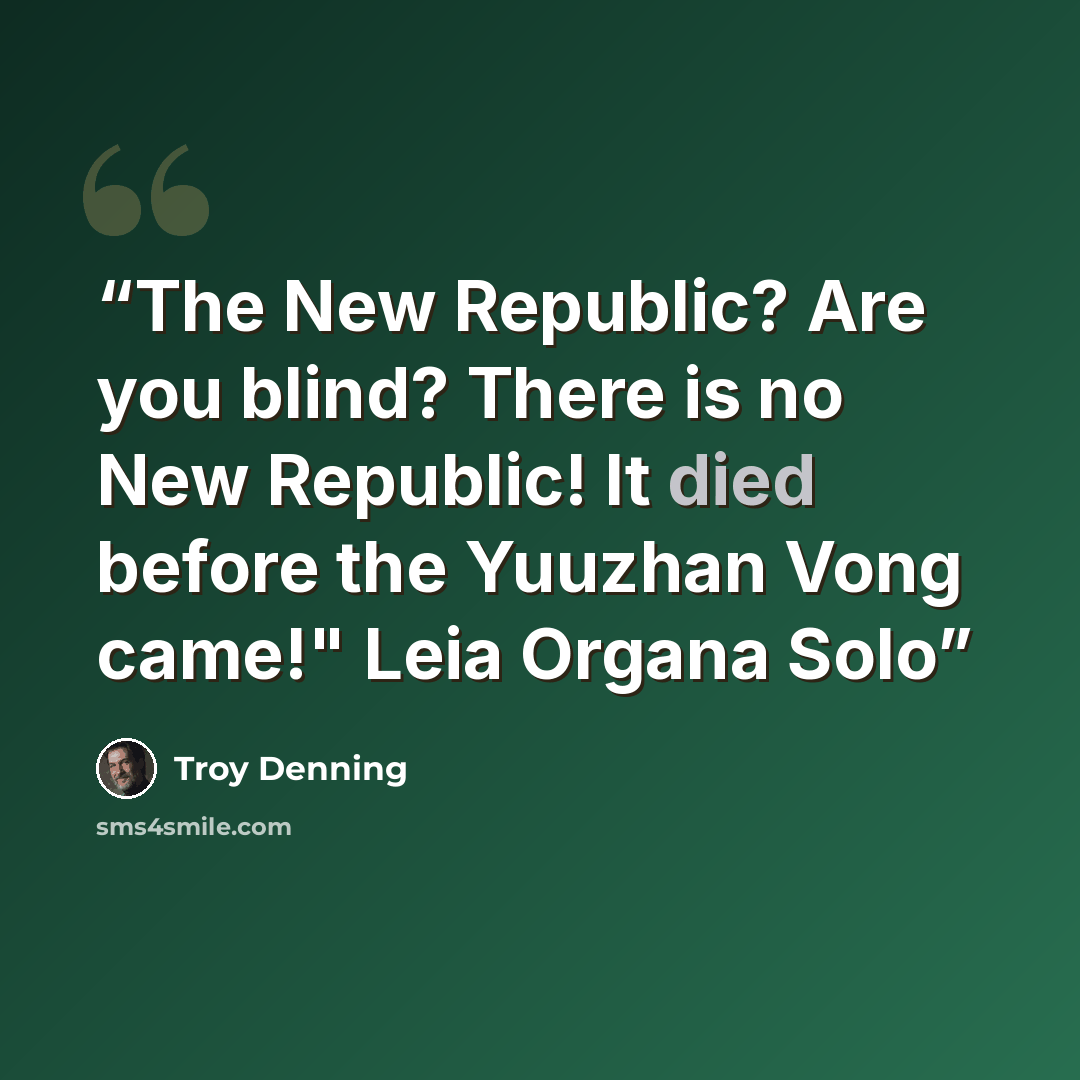 “The New Republic? Are you blind? There is no New Republic! It died before the Yuuzhan Vong came!" Leia Organa Solo” quote by Troy Denning