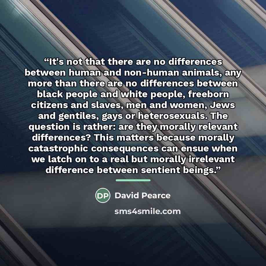 “It's not that there are no differences between human and non-human animals, any more than there are no differences between black people and white people, freeborn citizens and slaves, men and women, Jews and gentiles, gays or heterosexuals. The question is rather: are they morally relevant…” quote by David Pearce