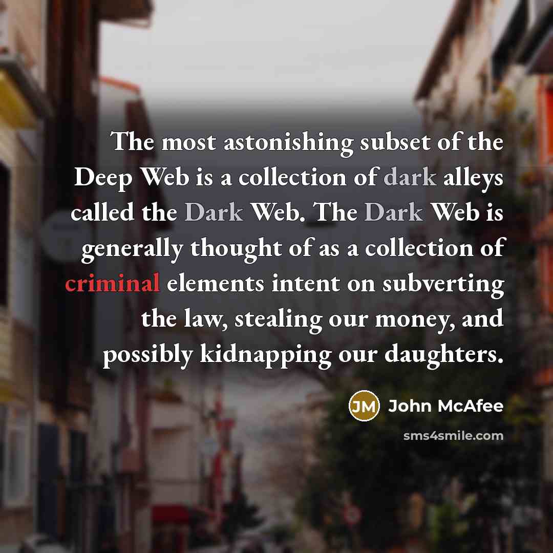 “The most astonishing subset of the Deep Web is a collection of dark alleys called the Dark Web. The Dark Web is generally thought of as a collection of criminal elements intent on subverting the law, stealing our money, and possibly kidnapping our daughters.” quote by John McAfee