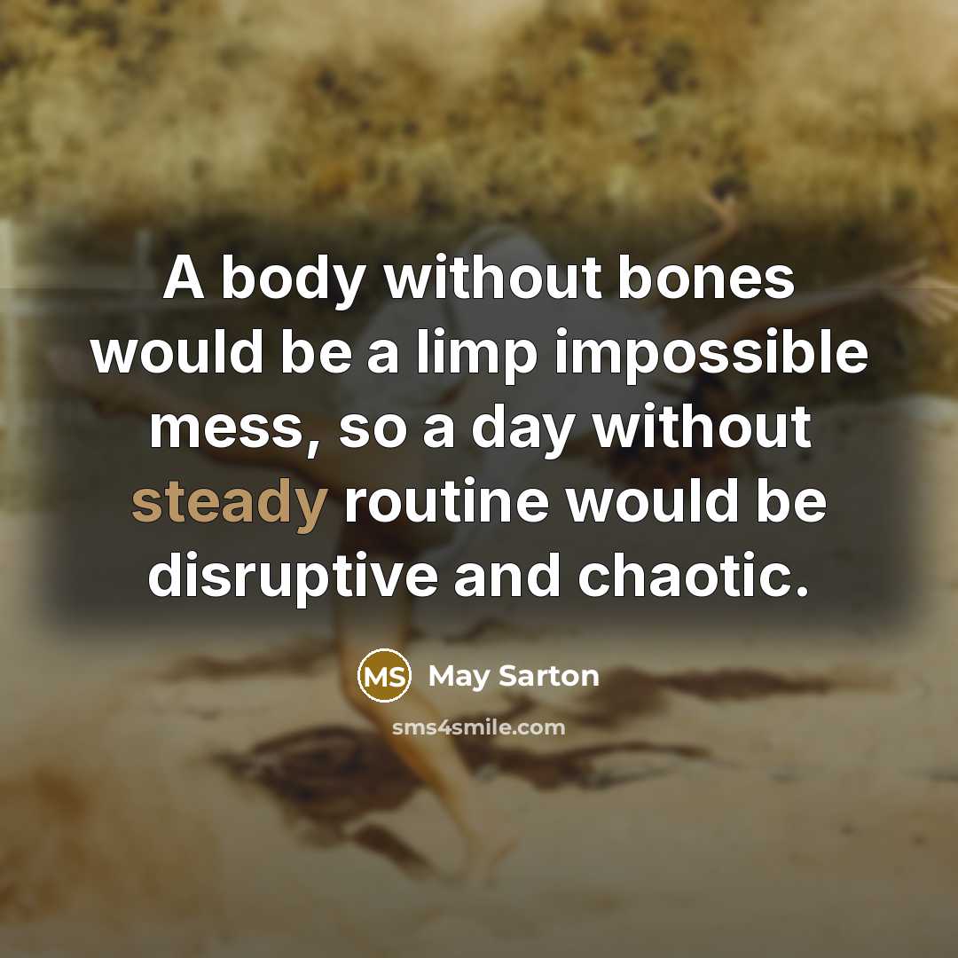 “A body without bones would be a limp impossible mess, so a day without steady routine would be disruptive and chaotic.” quote by May Sarton
