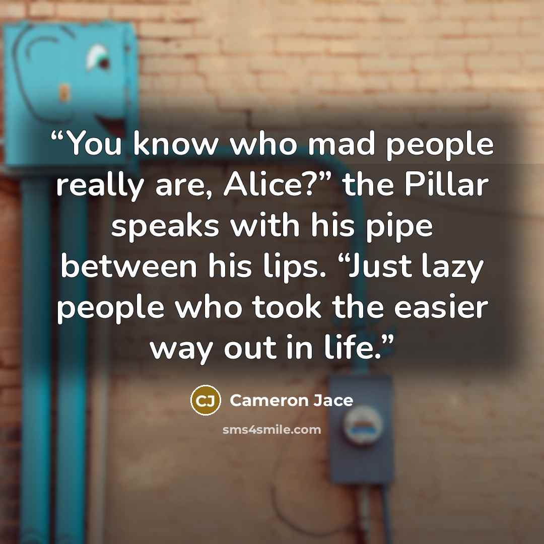 “You know who mad people really are, Alice?” the Pillar speaks with his pipe between his lips. “Just lazy people who took the easier way out in life.” quote by Cameron Jace