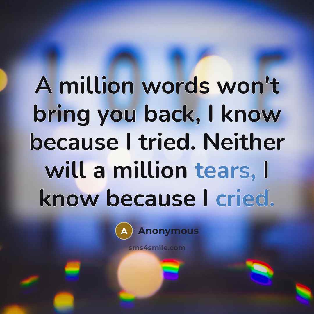 “A million words won't bring you back, I know because I tried. Neither will a million tears, I know because I cried.” quote by Anonymous