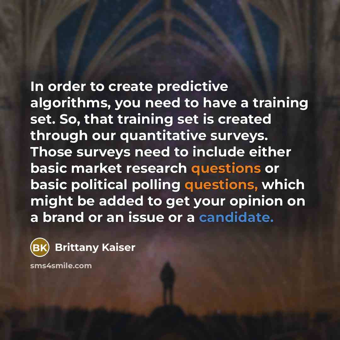 “In order to create predictive algorithms, you need to have a training set. So, that training set is created through our quantitative surveys. Those surveys need to include either basic market research questions or basic political polling questions, which might be added to get your opinion on a…” quote by Brittany Kaiser