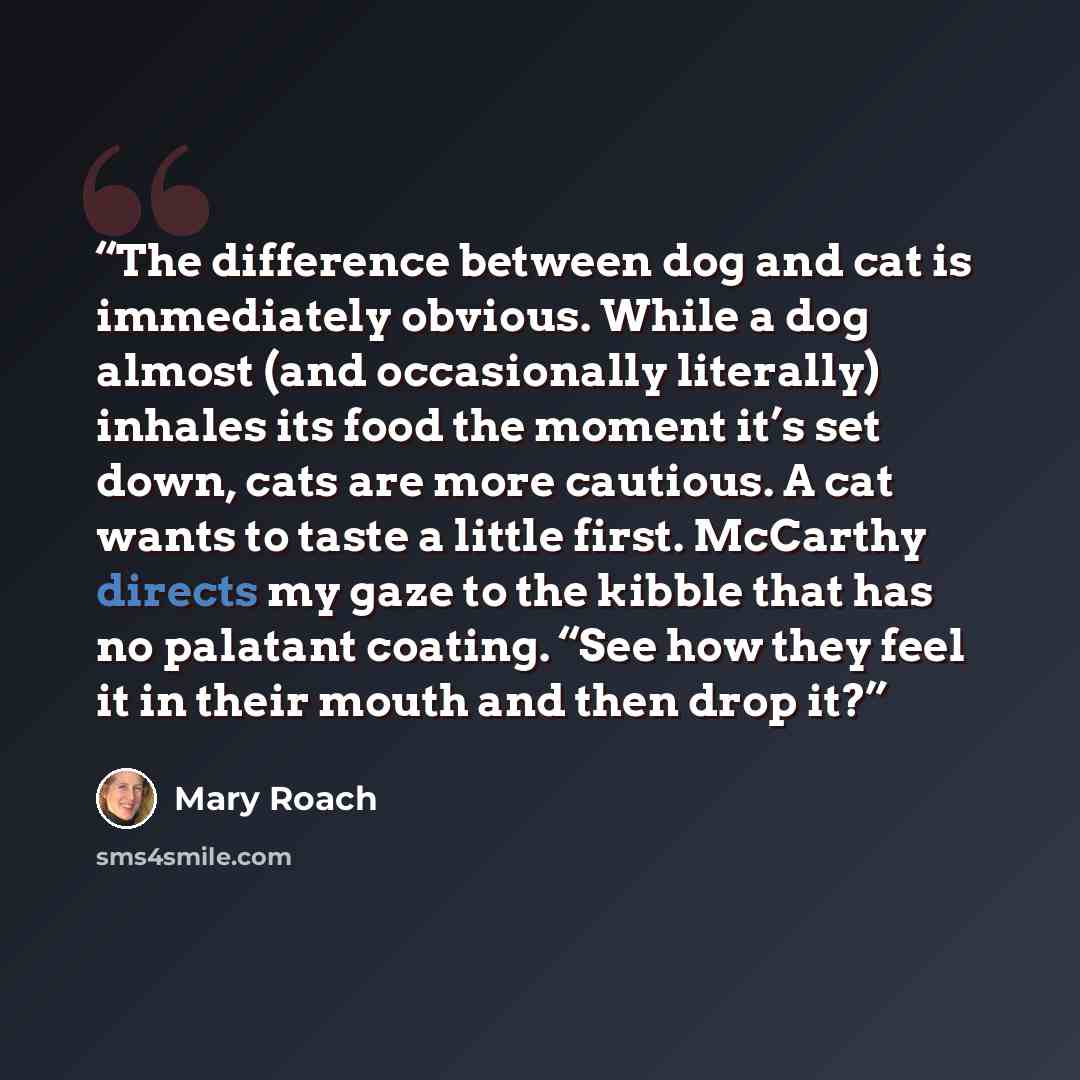 “The difference between dog and cat is immediately obvious. While a dog almost (and occasionally literally) inhales its food the moment it’s set down, cats are more cautious. A cat wants to taste a little first. McCarthy directs my gaze to the kibble that has no palatant coating. “See how they feel…” quote by Mary Roach