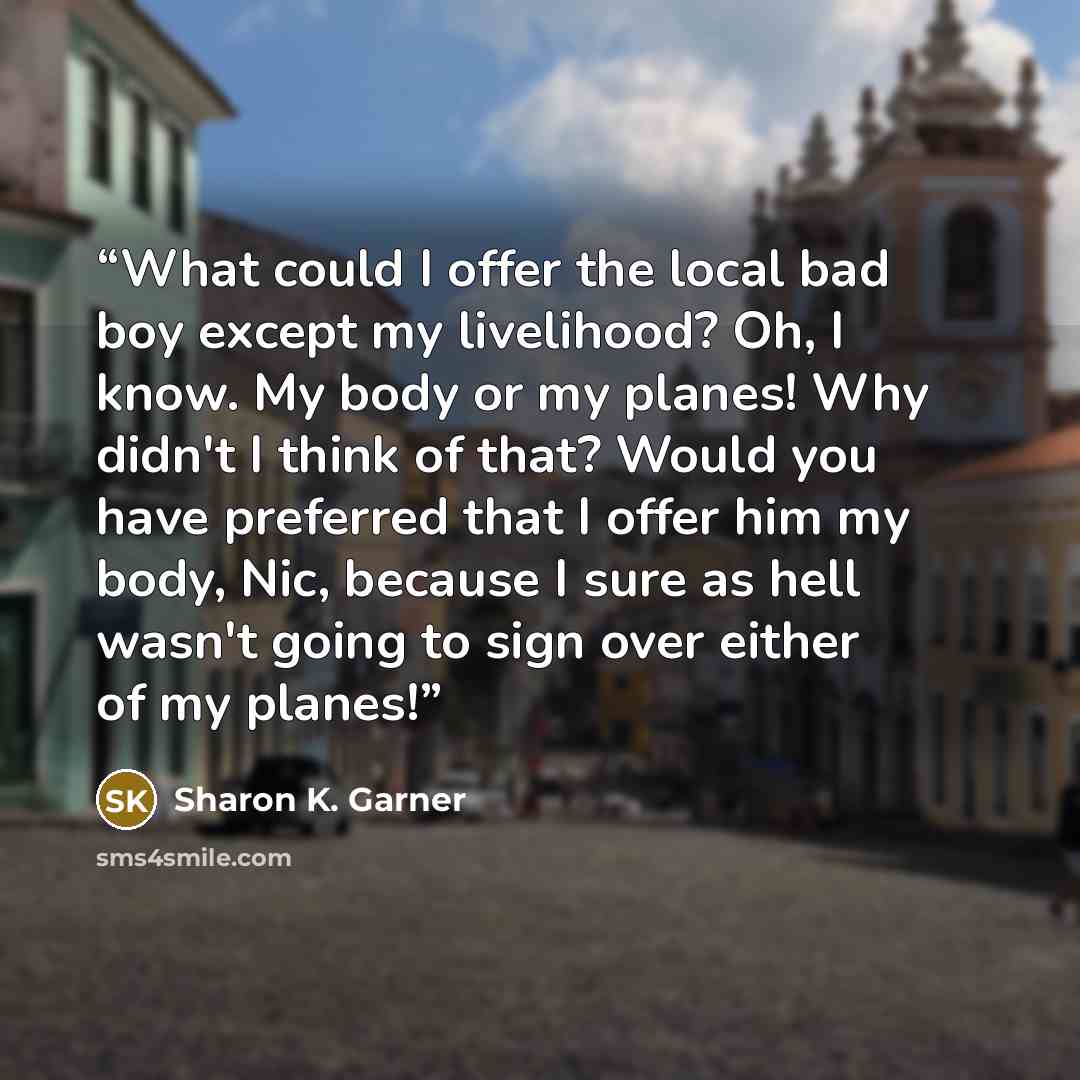 “What could I offer the local bad boy except my livelihood? Oh, I know. My body or my planes! Why didn't I think of that? Would you have preferred that I offer him my body, Nic, because I sure as hell wasn't going to sign over either of my planes!” quote by Sharon K. Garner
