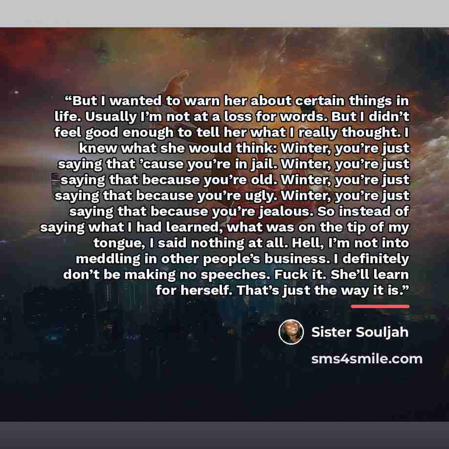 “But I wanted to warn her about certain things in life. Usually I’m not at a loss for words. But I didn’t feel good enough to tell her what I really thought. I knew what she would think: Winter, you’re just saying that ’cause you’re in jail. Winter, you’re just saying that because you’re old…” quote by Sister Souljah