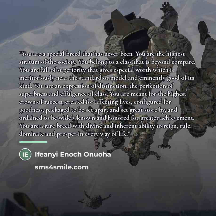 “You are a special breed that has never been. You are the highest stratum of the society. You belong to a class that is beyond compare. You are full of superiority that gives especial worth which is meritoriously near the standard or model and eminently good of its kind. You are an expression of…” quote by Ifeanyi Enoch Onuoha