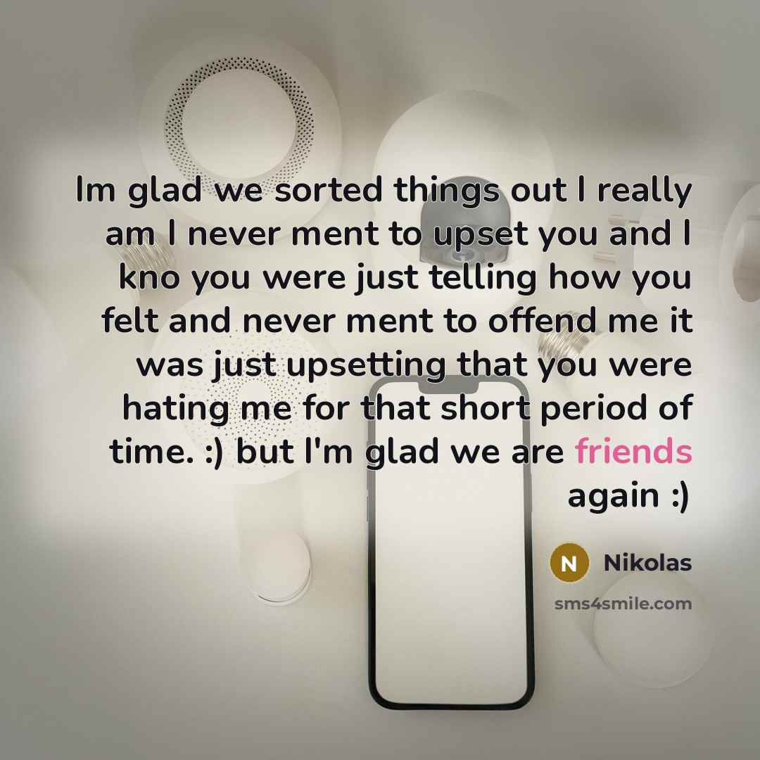 “Im glad we sorted things out I really am I never ment to upset you and I kno you were just telling how you felt and never ment to offend me it was just upsetting that you were hating me for that short period of time. :) but I'm glad we are friends again :)” quote by Nikolas