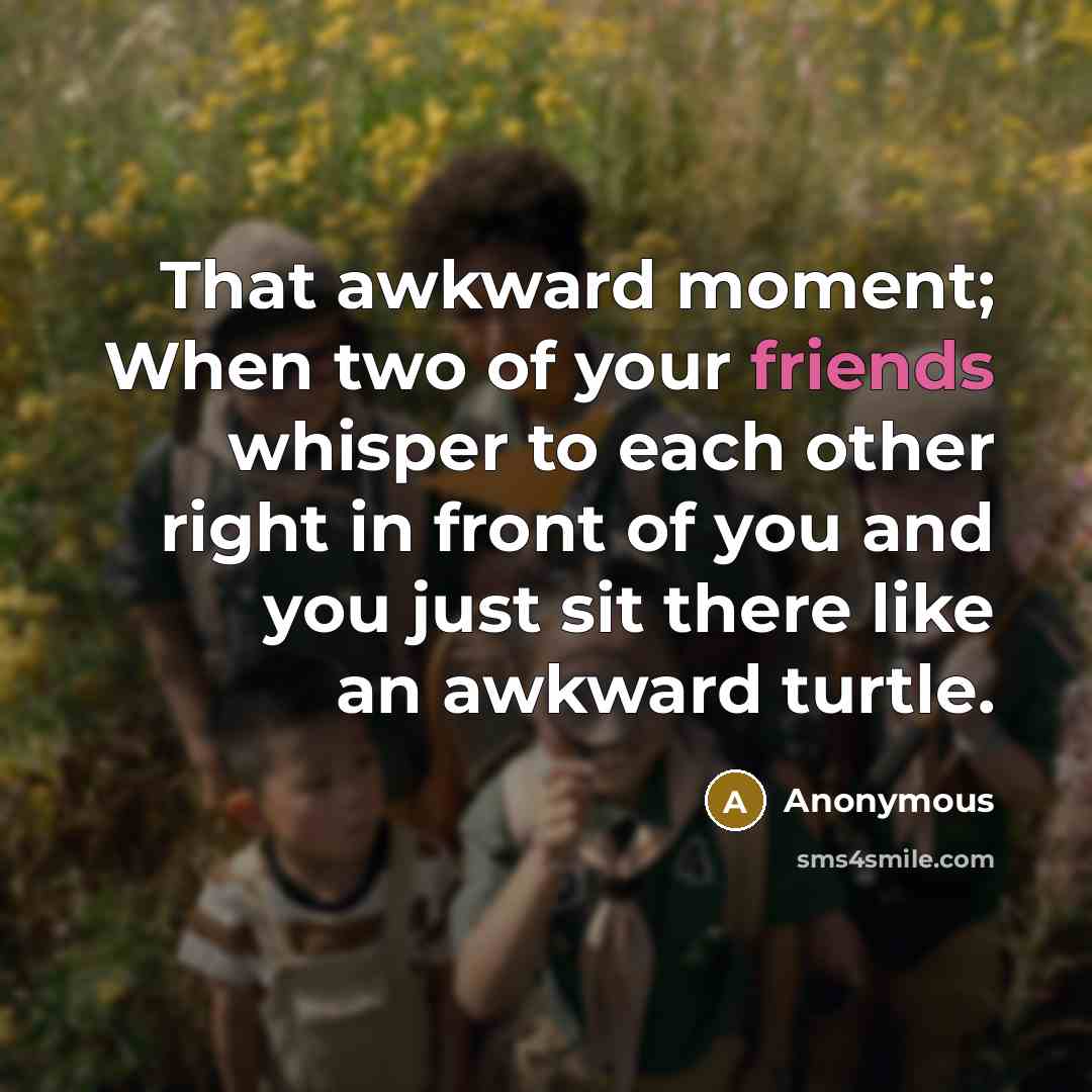“That awkward moment; When two of your friends whisper to each other right in front of you and you just sit there like an awkward turtle.” quote by Anonymous