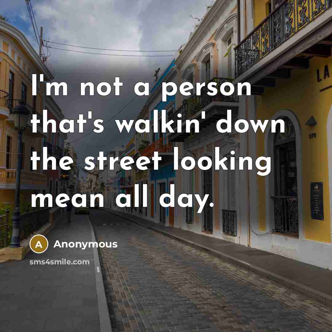“I'm not a person that's walkin' down the street looking mean all day.” quote by Anonymous