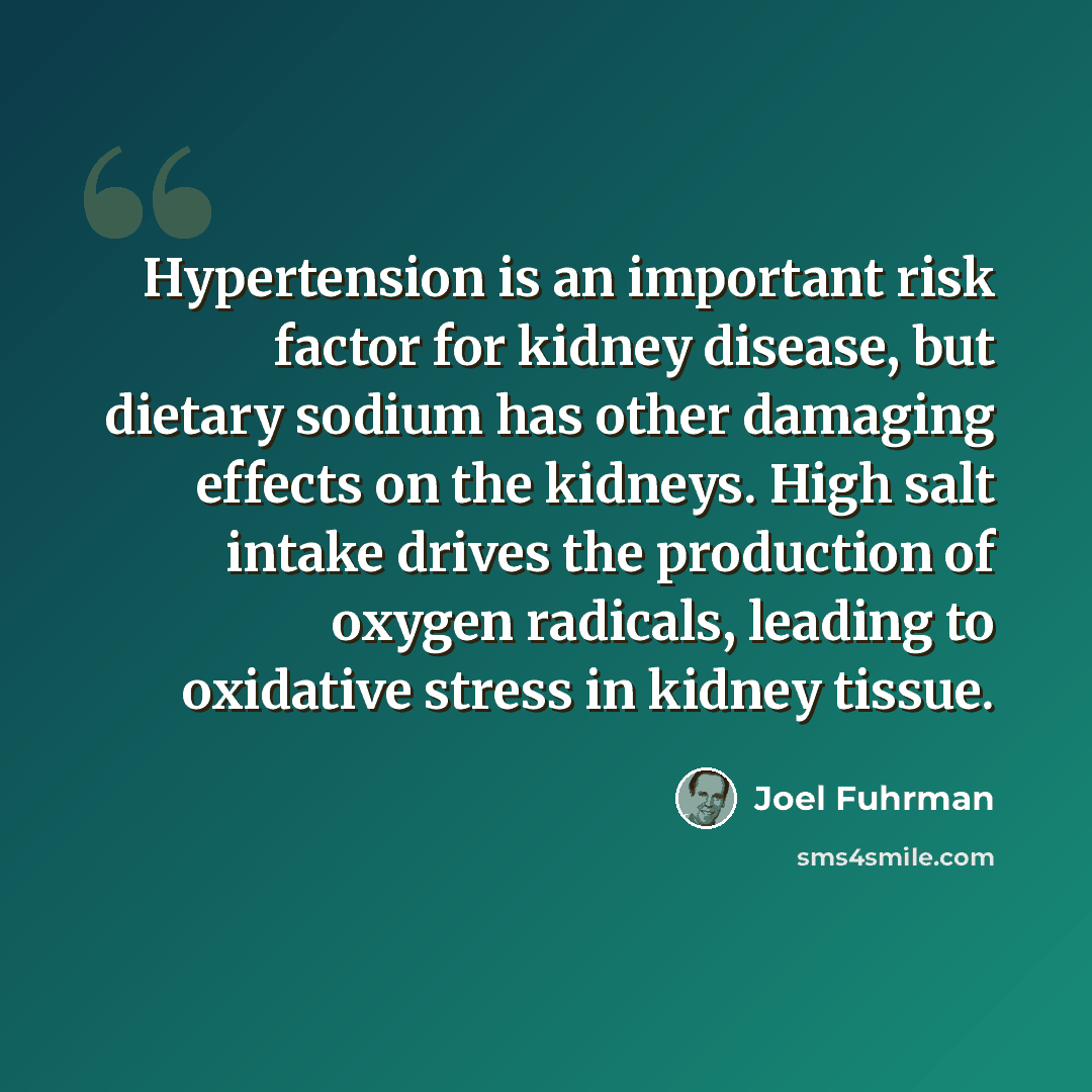 “Hypertension is an important risk factor for kidney disease, but dietary sodium has other damaging effects on the kidneys. High salt intake drives the production of oxygen radicals, leading to oxidative stress in kidney tissue.” quote by Joel Fuhrman