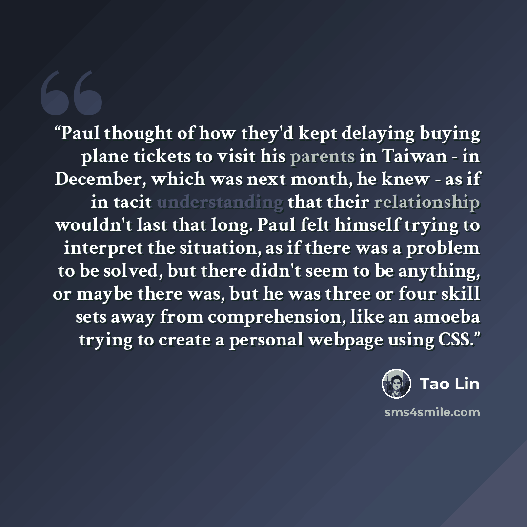 “Paul thought of how they'd kept delaying buying plane tickets to visit his parents in Taiwan - in December, which was next month, he knew - as if in tacit understanding that their relationship wouldn't last that long. Paul felt himself trying to interpret the situation, as if there was a problem…” quote by Tao Lin