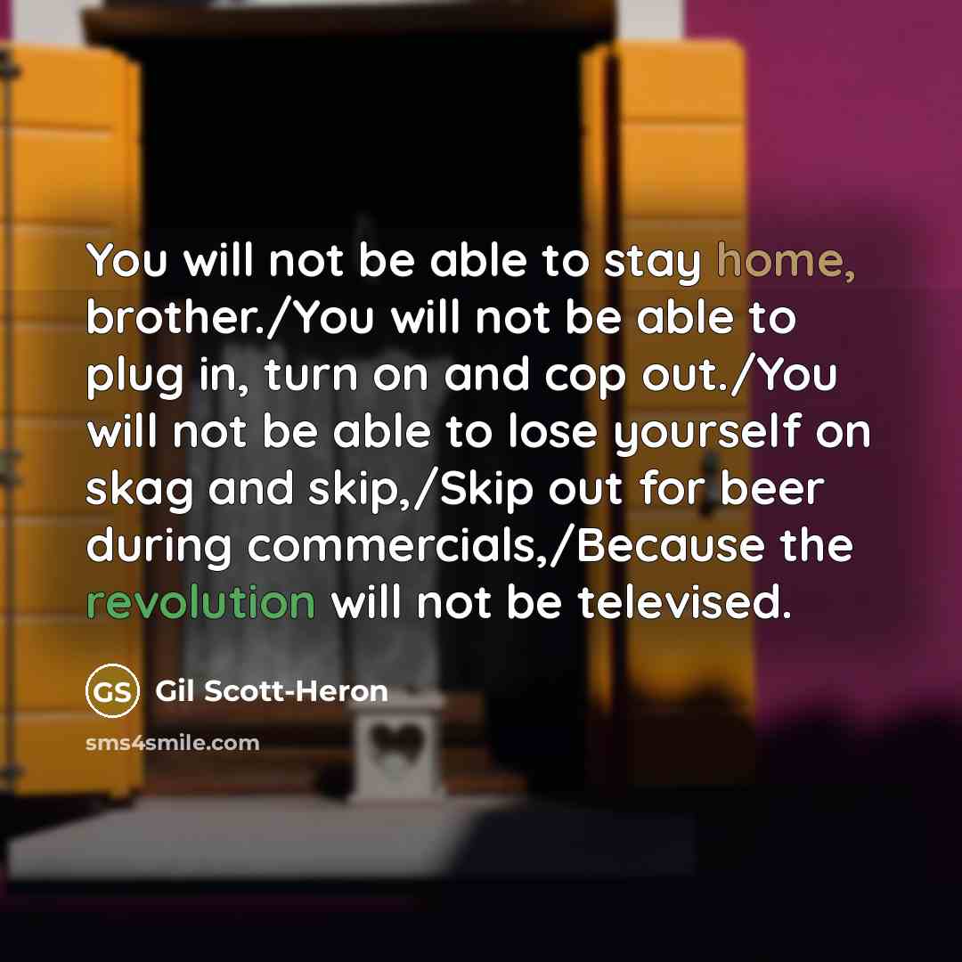 “You will not be able to stay home, brother./You will not be able to plug in, turn on and cop out./You will not be able to lose yourself on skag and skip,/Skip out for beer during commercials,/Because the revolution will not be televised.” quote by Gil Scott-Heron
