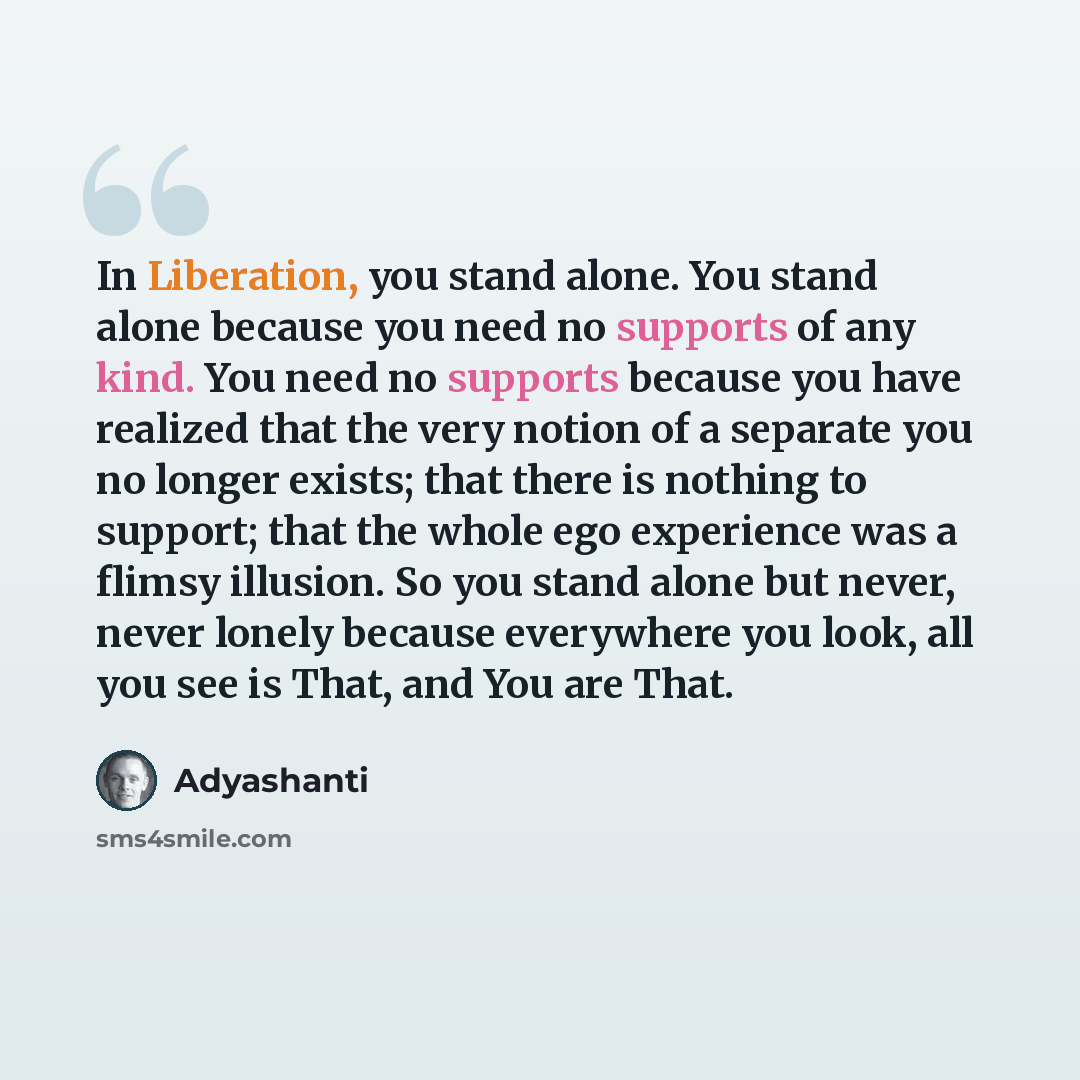 “In Liberation, you stand alone. You stand alone because you need no supports of any kind. You need no supports because you have realized that the very notion of a separate you no longer exists; that there is nothing to support; that the whole ego experience was a flimsy illusion. So you stand…” quote by Adyashanti