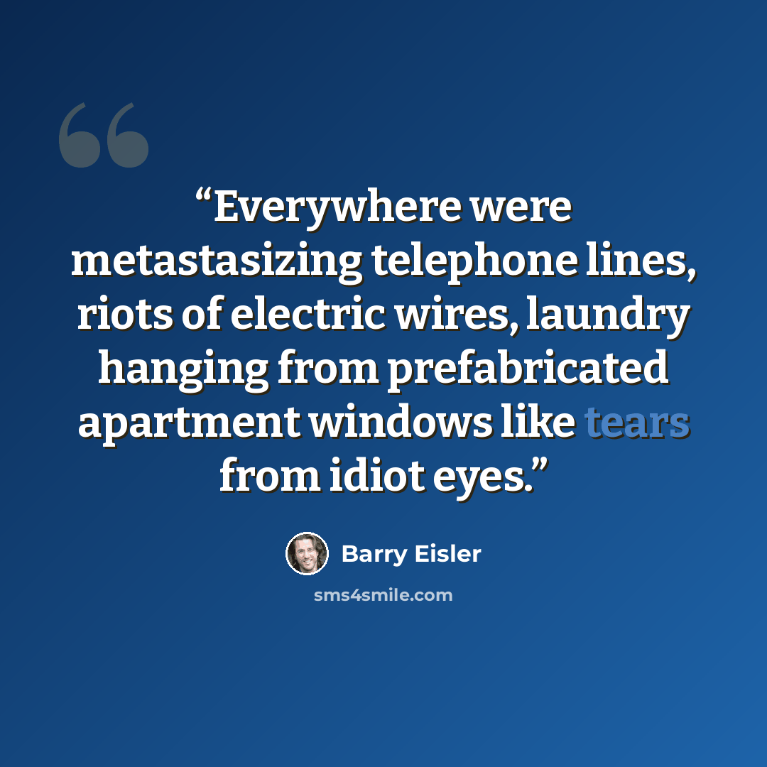 “Everywhere were metastasizing telephone lines, riots of electric wires, laundry hanging from prefabricated apartment windows like tears from idiot eyes.” quote by Barry Eisler