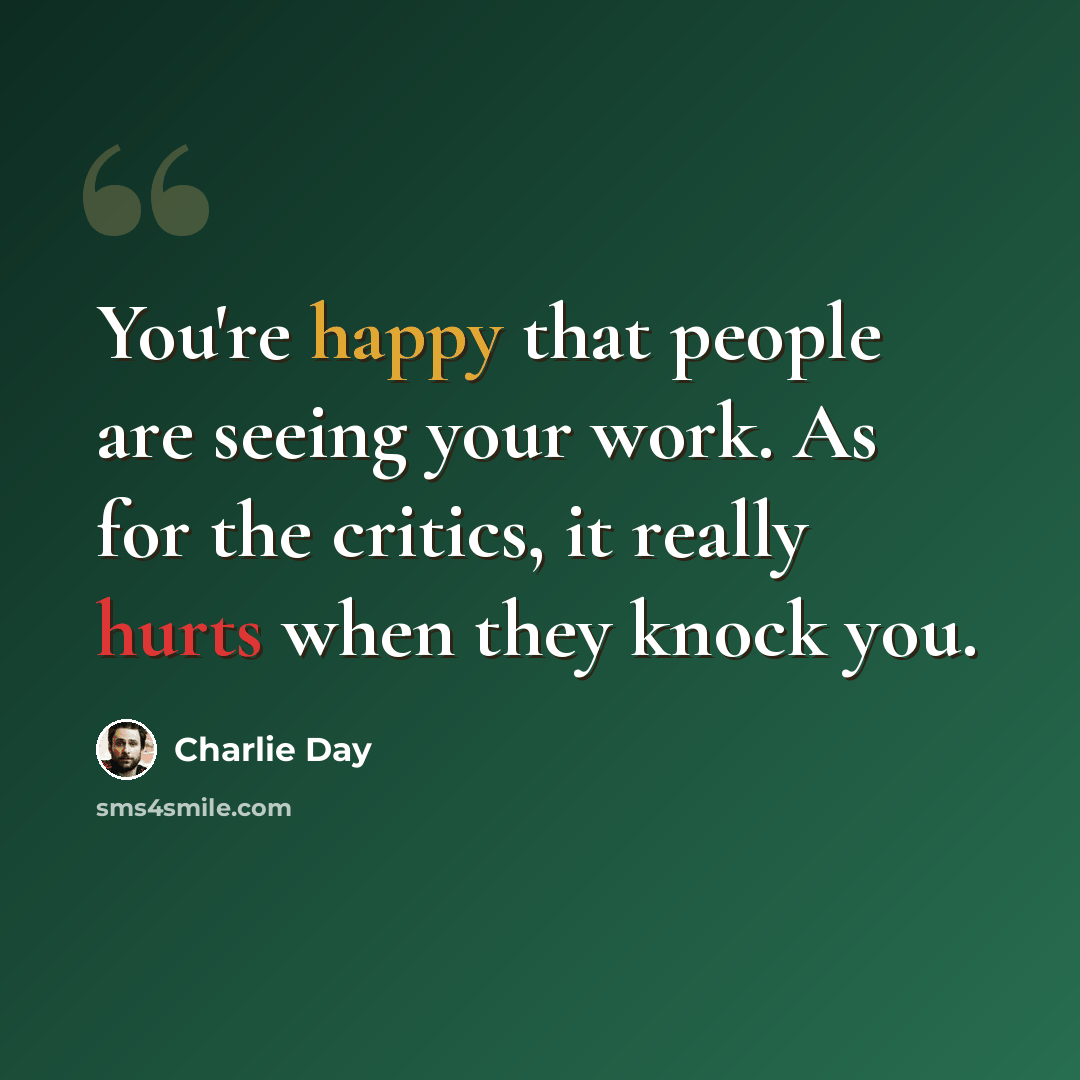 “You're happy that people are seeing your work. As for the critics, it really hurts when they knock you.” quote by Charlie Day