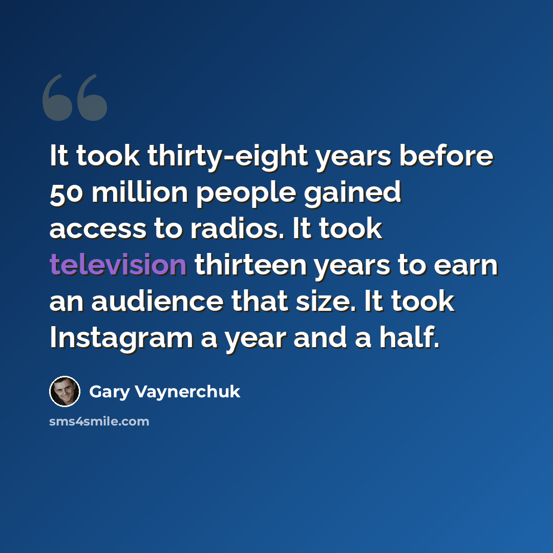 “It took thirty-eight years before 50 million people gained access to radios. It took television thirteen years to earn an audience that size. It took Instagram a year and a half.” quote by Gary Vaynerchuk