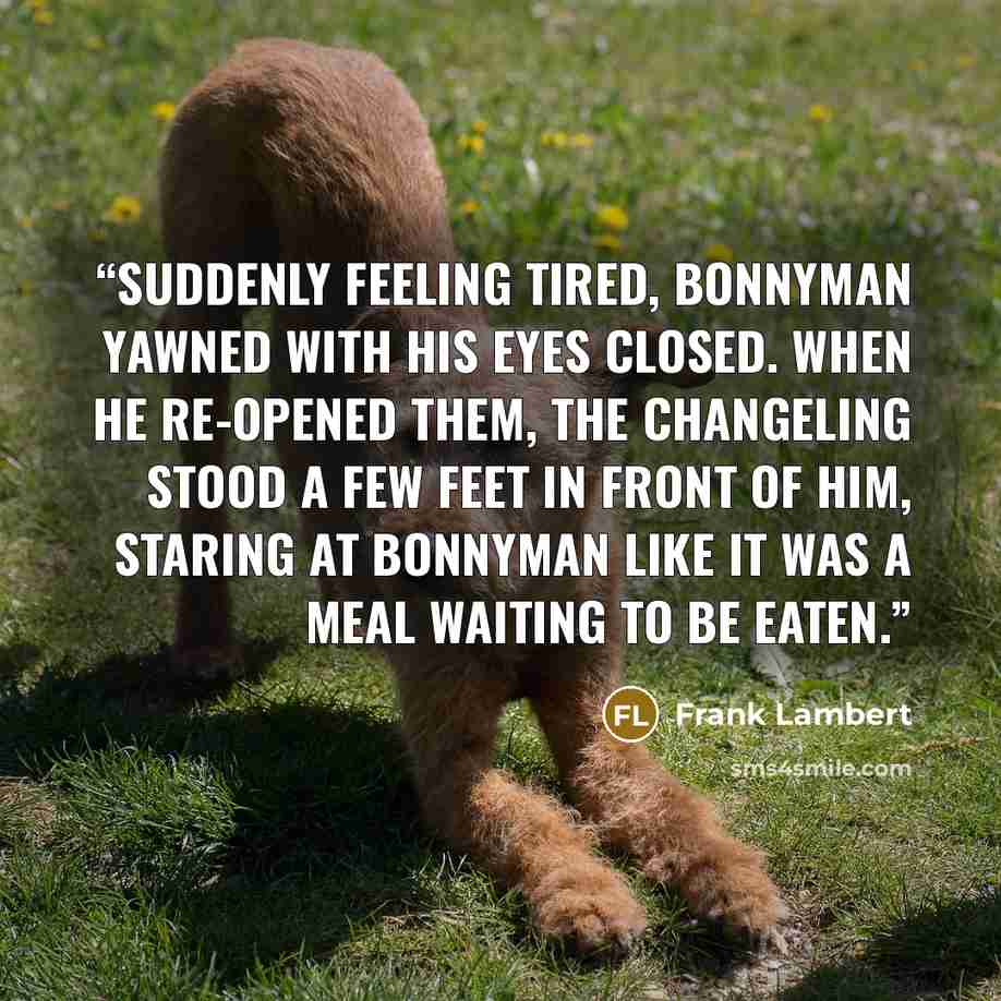 “Suddenly feeling tired, Bonnyman yawned with his eyes closed. When he re-opened them, the changeling stood a few feet in front of him, staring at Bonnyman like it was a meal waiting to be eaten.” quote by Frank Lambert