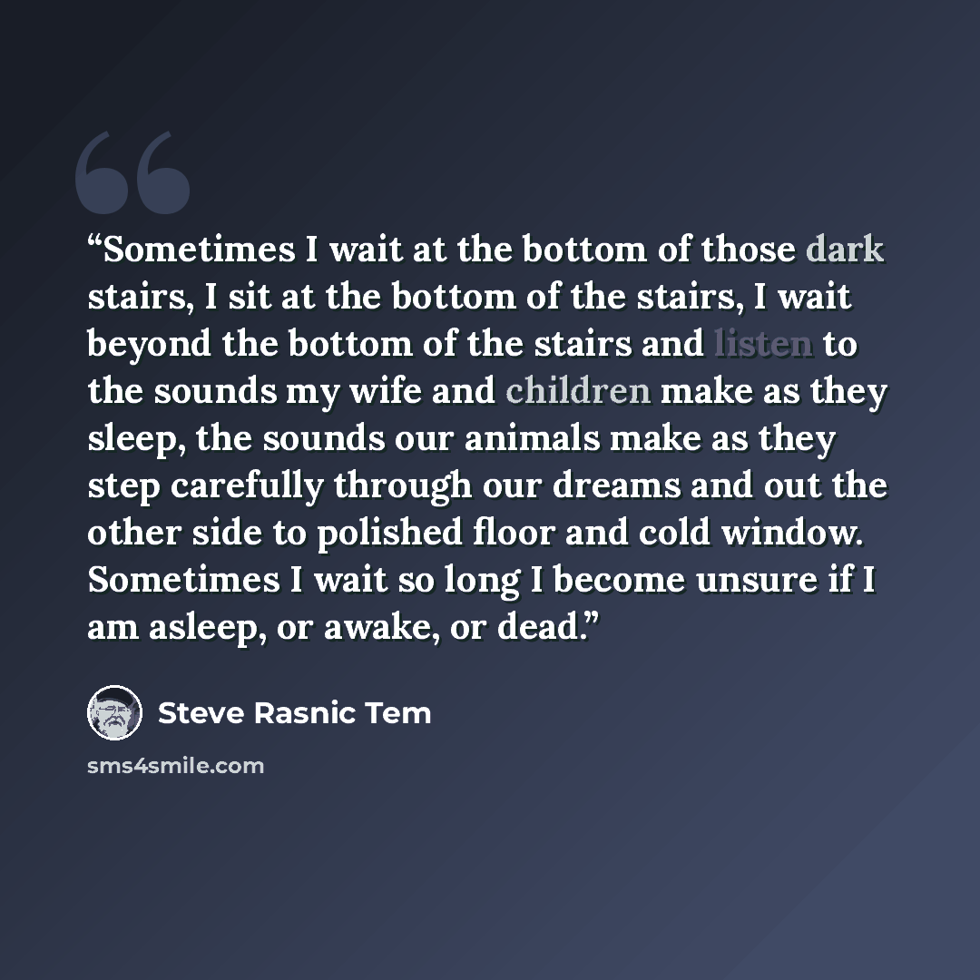 “Sometimes I wait at the bottom of those dark stairs, I sit at the bottom of the stairs, I wait beyond the bottom of the stairs and listen to the sounds my wife and children make as they sleep, the sounds our animals make as they step carefully through our dreams and out the other side to polished…” quote by Steve Rasnic Tem