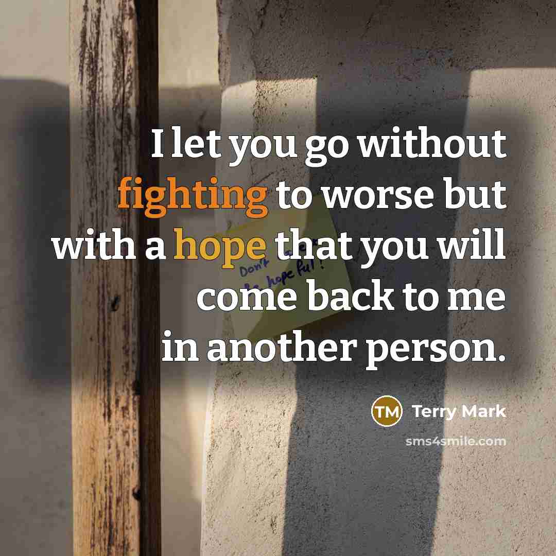 “I let you go without fighting to worse but with a hope that you will come back to me in another person.” quote by Terry Mark