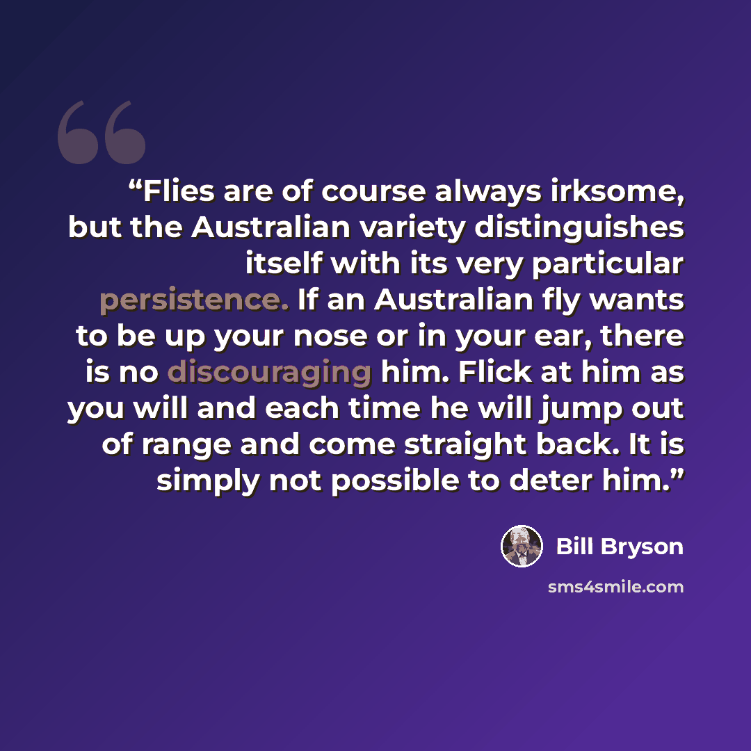 “Flies are of course always irksome, but the Australian variety distinguishes itself with its very particular persistence. If an Australian fly wants to be up your nose or in your ear, there is no discouraging him. Flick at him as you will and each time he will jump out of range and come straight…” quote by Bill Bryson