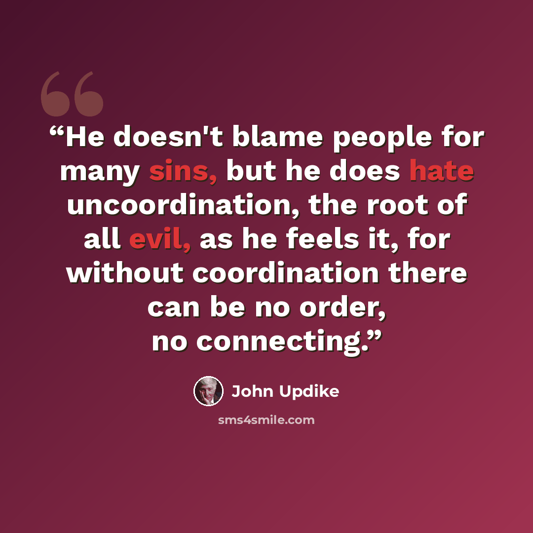 “He doesn't blame people for many sins, but he does hate uncoordination, the root of all evil, as he feels it, for without coordination there can be no order, no connecting.” quote by John Updike
