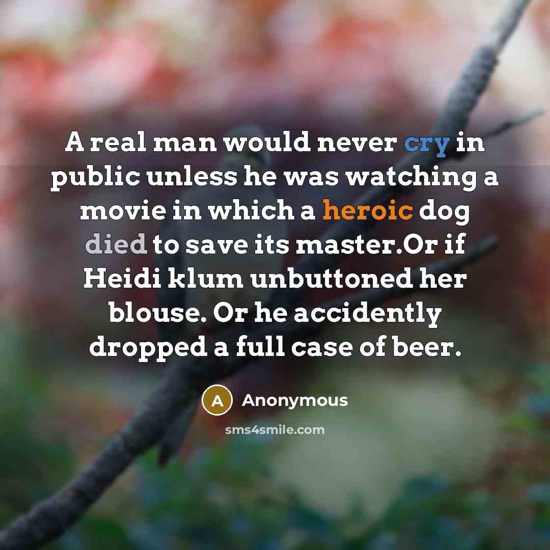 “A real man would never cry in public unless he was watching a movie in which a heroic dog died to save its master.Or if Heidi klum unbuttoned her blouse. Or he accidently dropped a full case of beer.” quote by Anonymous