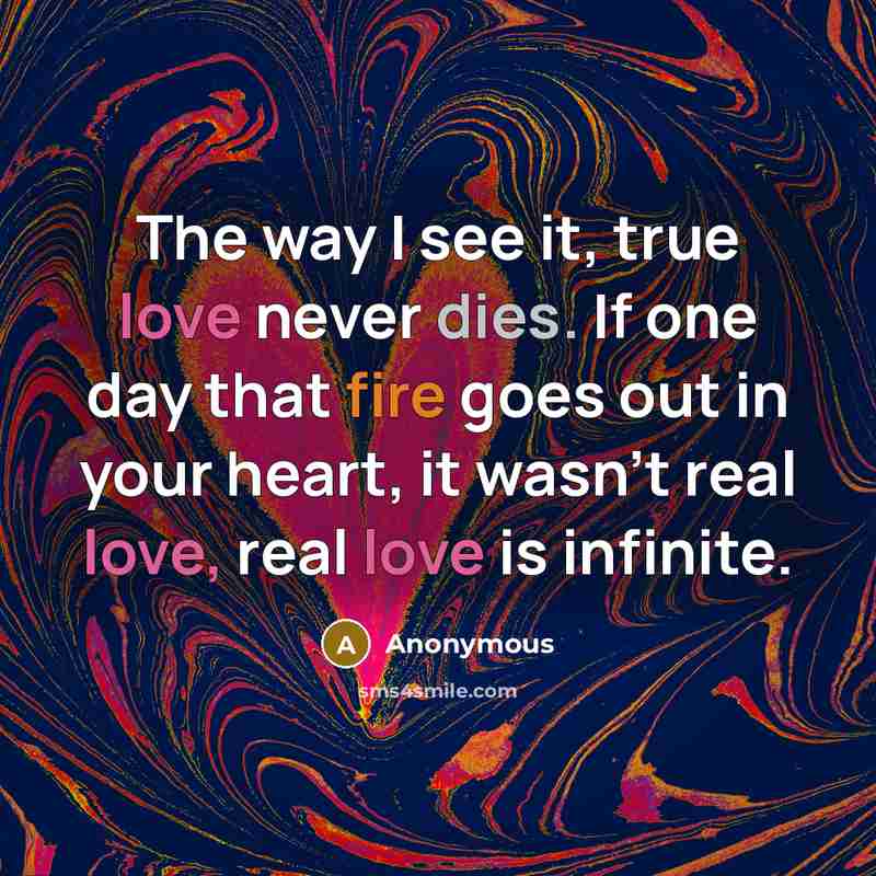 “The way I see it, true love never dies. If one day that fire goes out in your heart, it wasn't real love, real love is infinite.” quote by Anonymous