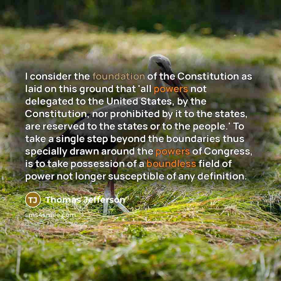 “I consider the foundation of the Constitution as laid on this ground that 'all powers not delegated to the United States, by the Constitution, nor prohibited by it to the states, are reserved to the states or to the people.' To take a single step beyond the boundaries thus specially drawn around…” quote by Thomas Jefferson