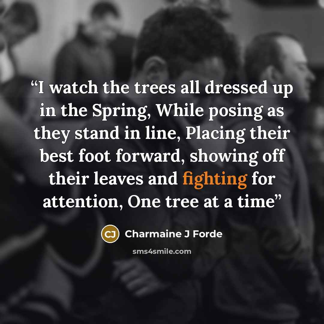 “I watch the trees all dressed up in the Spring, While posing as they stand in line, Placing their best foot forward, showing off their leaves and fighting for attention, One tree at a time” quote by Charmaine J Forde