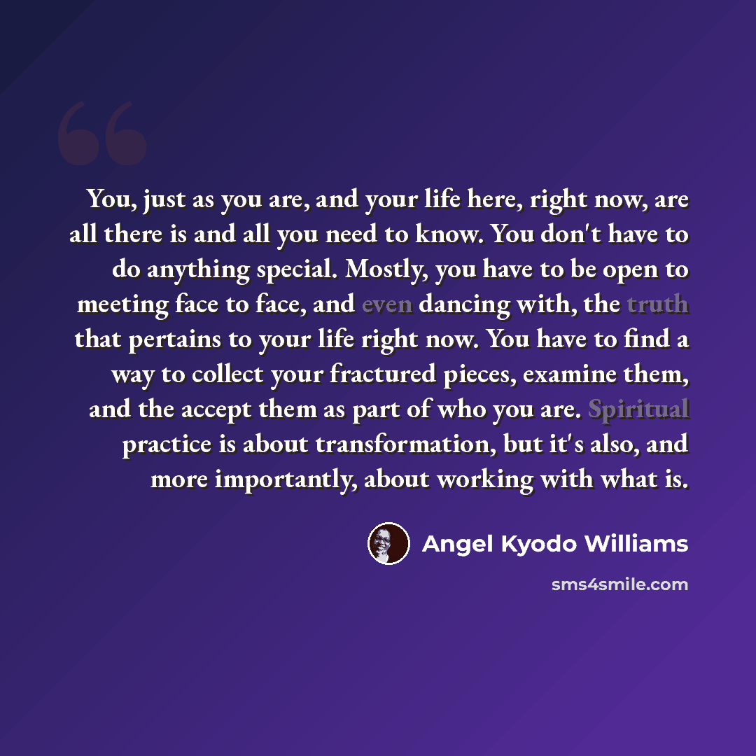 “You, just as you are, and your life here, right now, are all there is and all you need to know. You don't have to do anything special. Mostly, you have to be open to meeting face to face, and even dancing with, the truth that pertains to your life right now. You have to find a way to collect your…” quote by angel Kyodo Williams