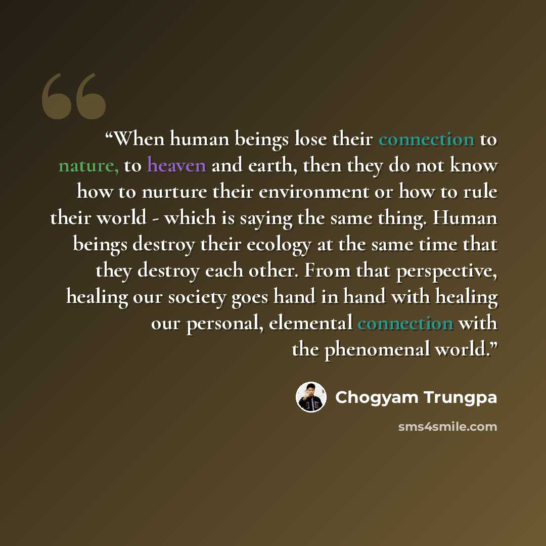 “When human beings lose their connection to nature, to heaven and earth, then they do not know how to nurture their environment or how to rule their world - which is saying the same thing. Human beings destroy their ecology at the same time that they destroy each other. From that perspective…” quote by Chögyam Trungpa