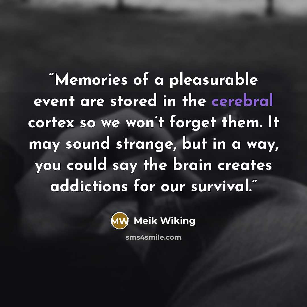 “Memories of a pleasurable event are stored in the cerebral cortex so we won’t forget them. It may sound strange, but in a way, you could say the brain creates addictions for our survival.” quote by Meik Wiking
