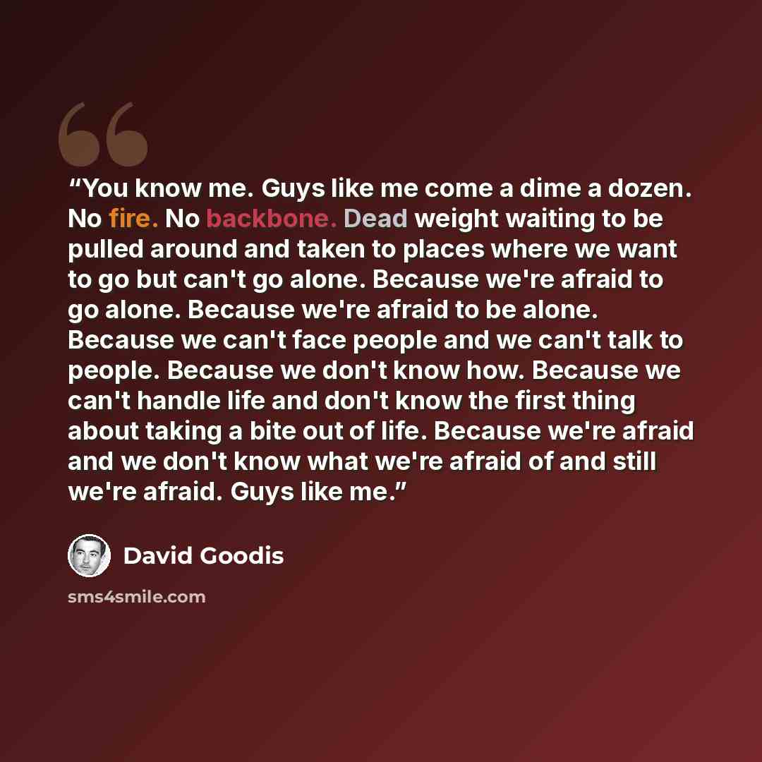 “You know me. Guys like me come a dime a dozen. No fire. No backbone. Dead weight waiting to be pulled around and taken to places where we want to go but can't go alone. Because we're afraid to go alone. Because we're afraid to be alone. Because we can't face people and we can't talk to people…” quote by David Goodis