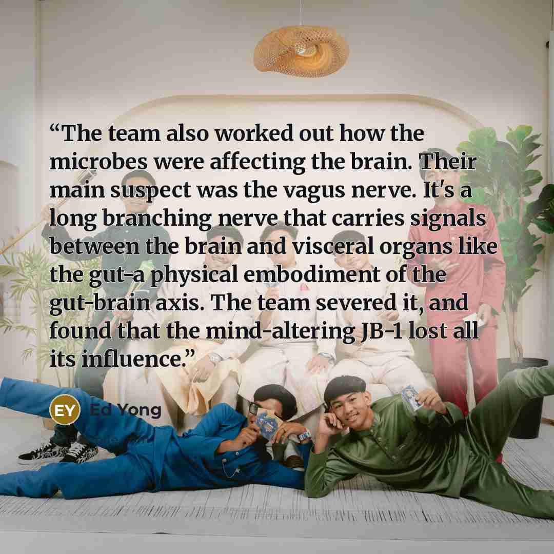 “The team also worked out how the microbes were affecting the brain. Their main suspect was the vagus nerve. It's a long branching nerve that carries signals between the brain and visceral organs like the gut-a physical embodiment of the gut-brain axis. The team severed it, and found that the…” quote by Ed Yong