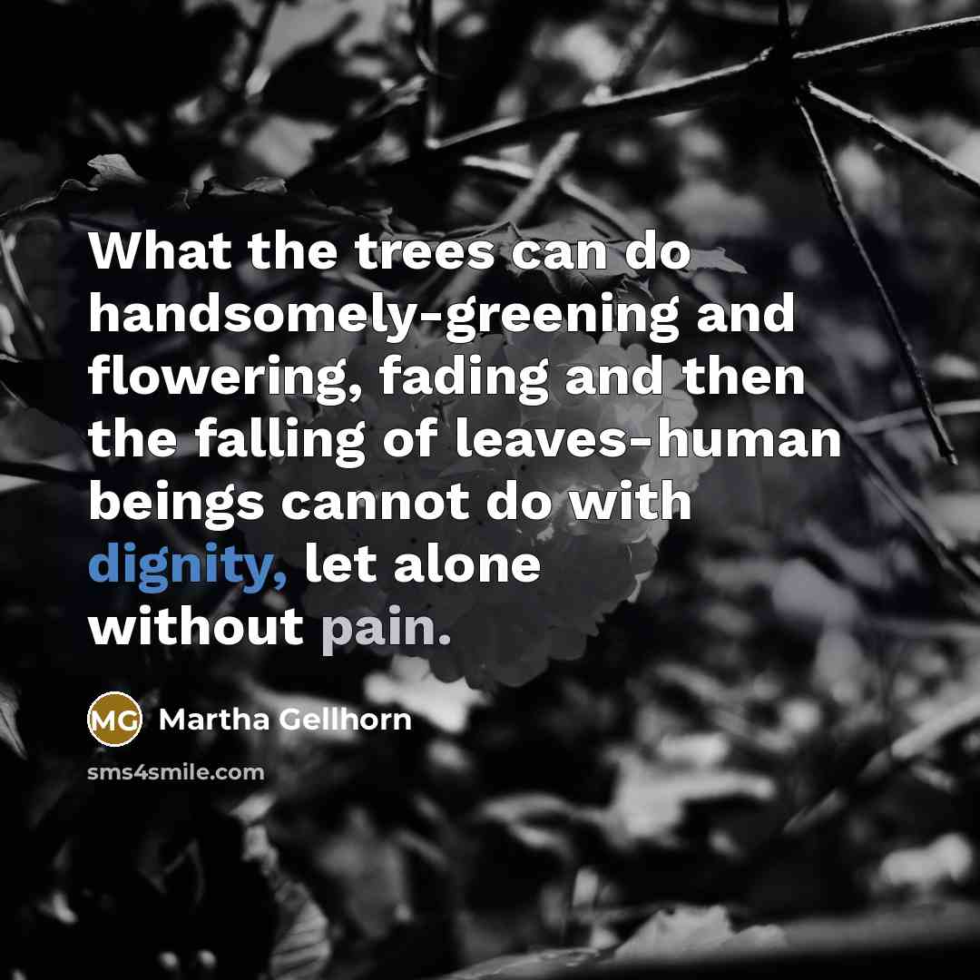 “What the trees can do handsomely-greening and flowering, fading and then the falling of leaves-human beings cannot do with dignity, let alone without pain.” quote by Martha Gellhorn