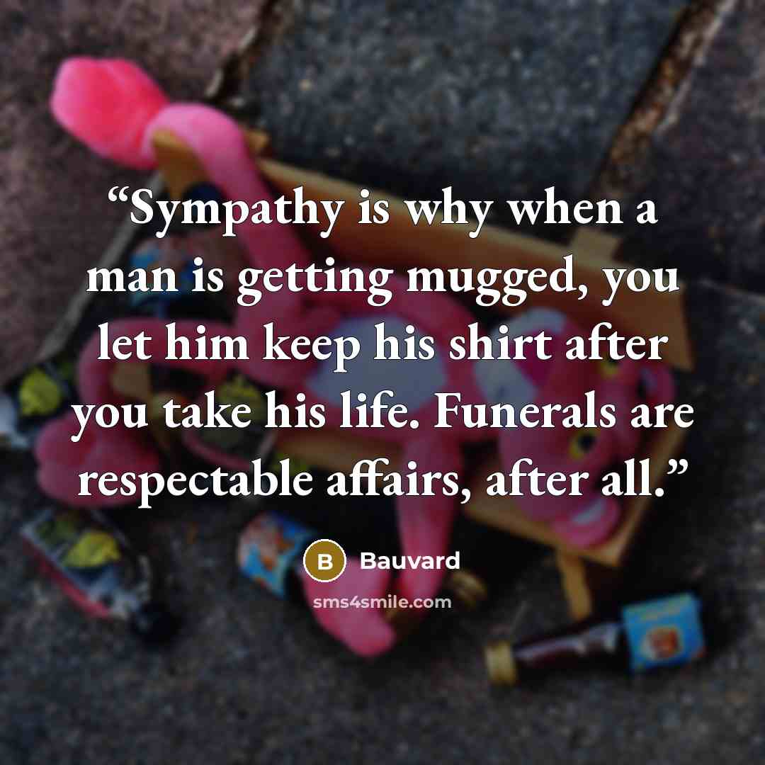 “Sympathy is why when a man is getting mugged, you let him keep his shirt after you take his life. Funerals are respectable affairs, after all.” quote by Bauvard