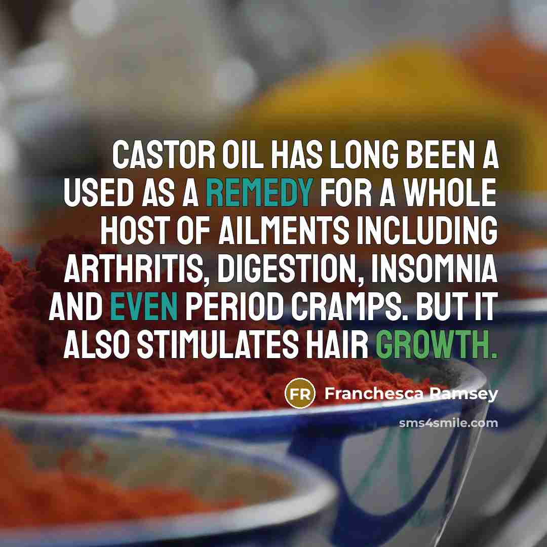 “Castor oil has long been a used as a remedy for a whole host of ailments including arthritis, digestion, insomnia and even period cramps. But it also stimulates hair growth.” quote by Franchesca Ramsey