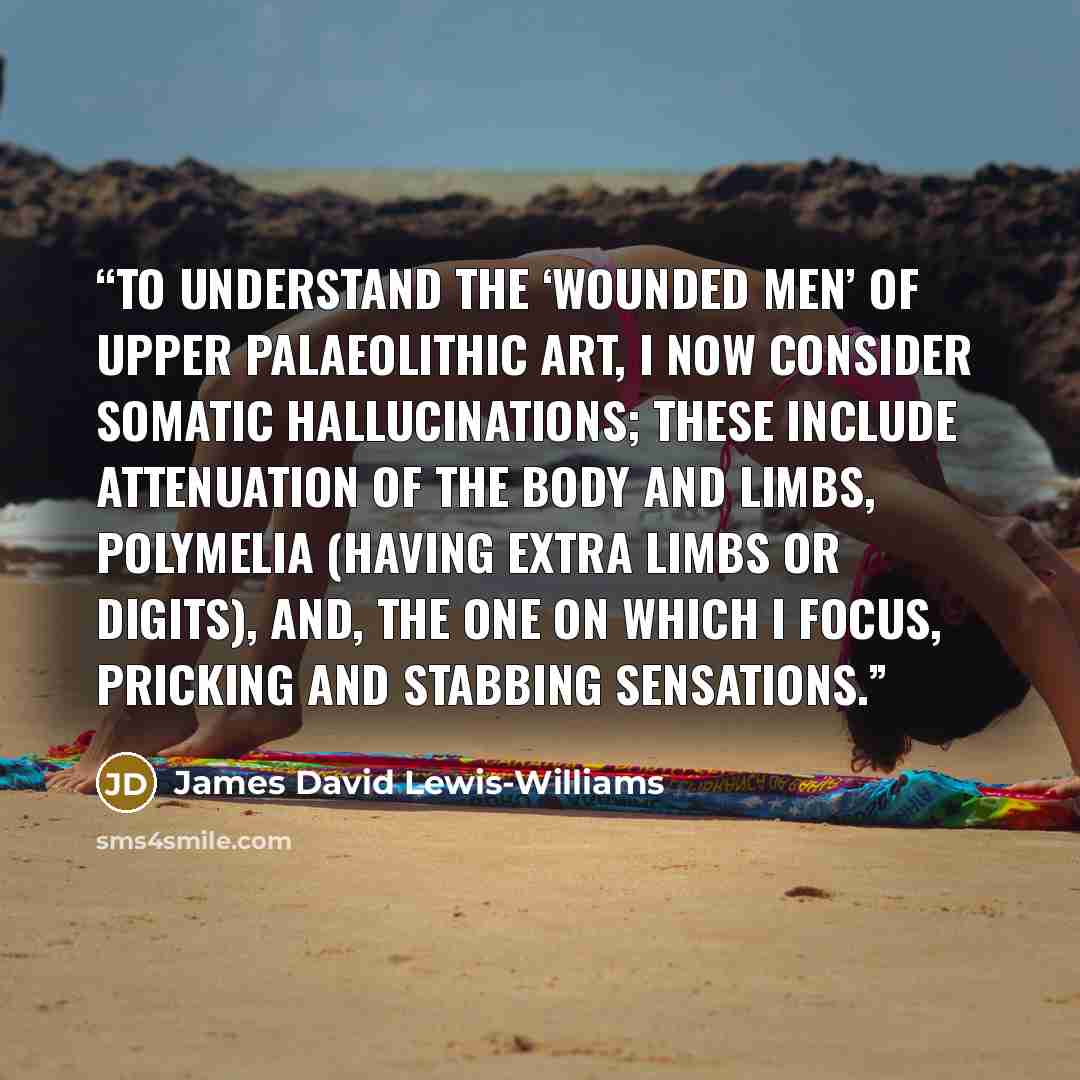 “To understand the ‘wounded men’ of Upper Palaeolithic art, I now consider somatic hallucinations; these include attenuation of the body and limbs, polymelia (having extra limbs or digits), and, the one on which I focus, pricking and stabbing sensations.” quote by James David Lewis-Williams