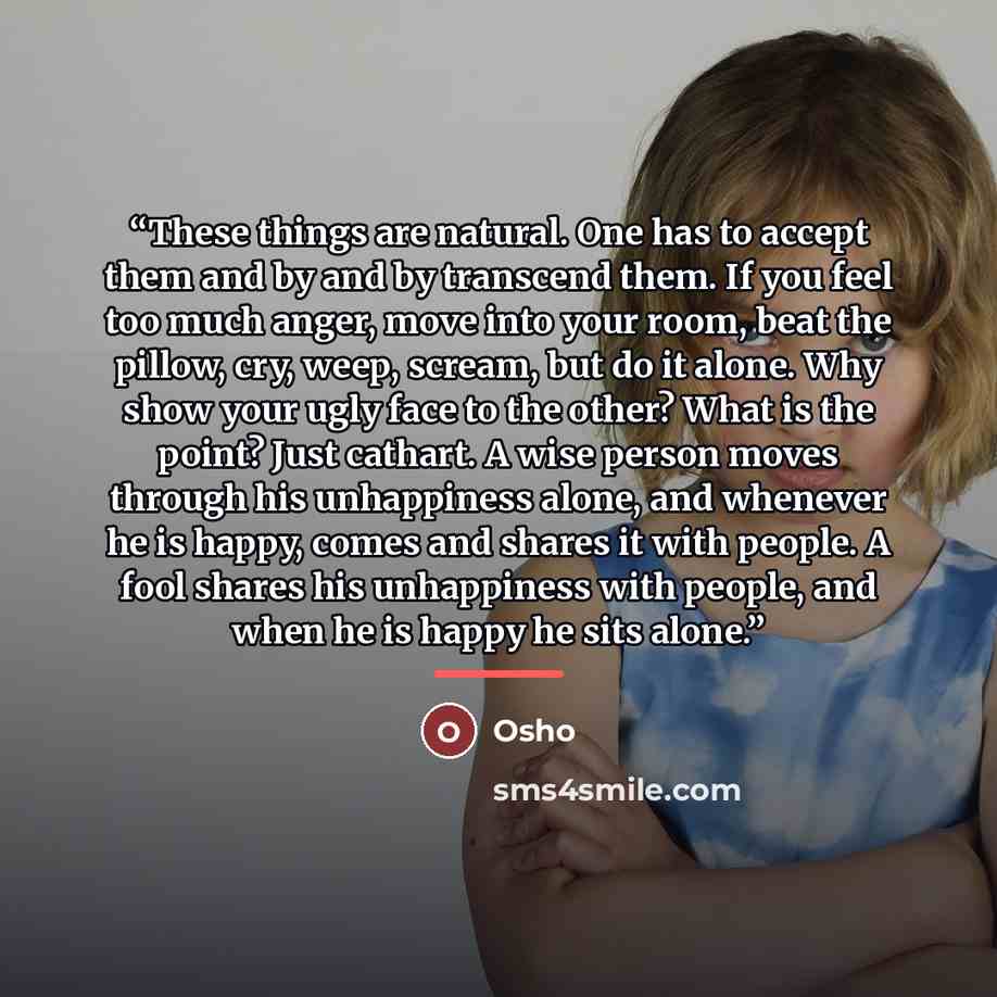 “These things are natural. One has to accept them and by and by transcend them. If you feel too much anger, move into your room, beat the pillow, cry, weep, scream, but do it alone. Why show your ugly face to the other? What is the point? Just cathart. A wise person moves through his unhappiness…” quote by Osho