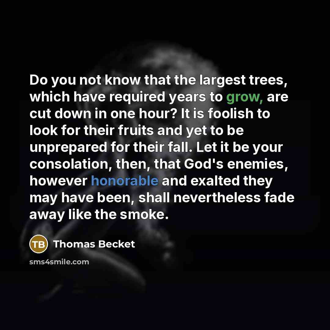 “Do you not know that the largest trees, which have required years to grow, are cut down in one hour? It is foolish to look for their fruits and yet to be unprepared for their fall. Let it be your consolation, then, that God's enemies, however honorable and exalted they may have been, shall…” quote by Thomas Becket