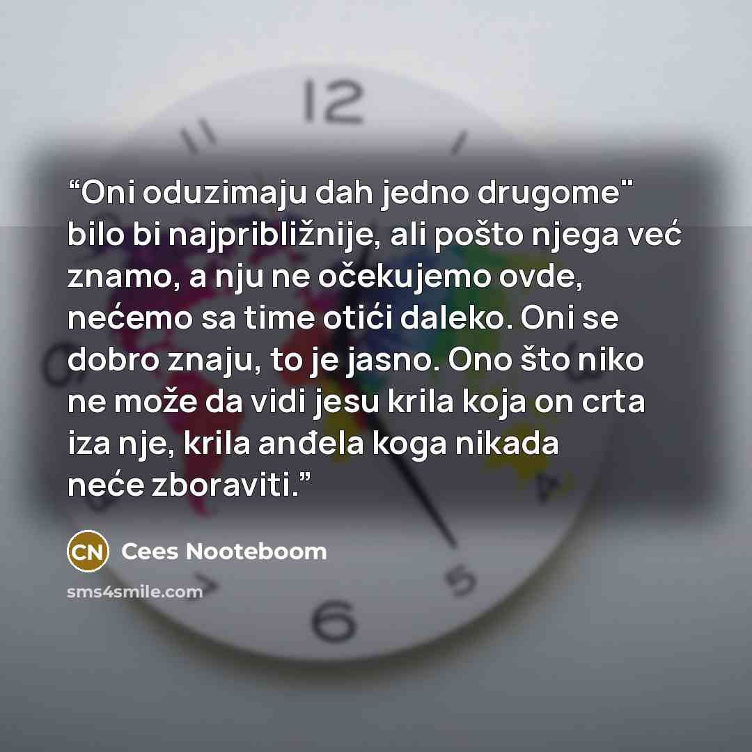 “Oni oduzimaju dah jedno drugome" bilo bi najpribližnije, ali pošto njega već znamo, a nju ne očekujemo ovde, nećemo sa time otići daleko. Oni se dobro znaju, to je jasno. Ono što niko ne može da vidi jesu krila koja on crta iza nje, krila anđela koga nikada neće zboraviti.” quote by Cees Nooteboom
