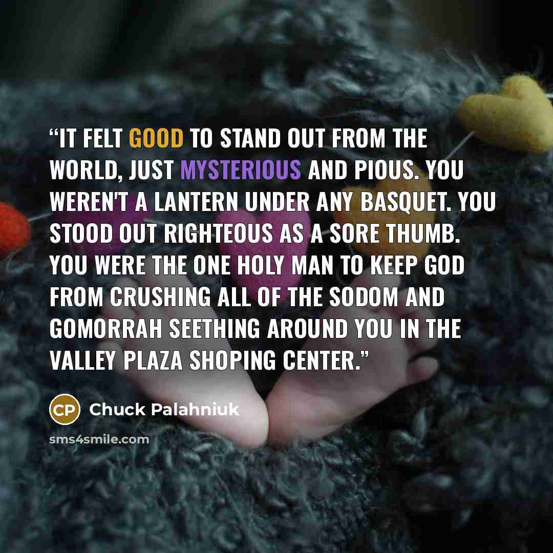 “It felt good to stand out from the world, just mysterious and pious. You weren't a lantern under any basquet. You stood out righteous as a sore thumb. You were the one holy man to keep God from crushing all of the Sodom and Gomorrah seething around you in the Valley Plaza Shoping Center.” quote by Chuck Palahniuk