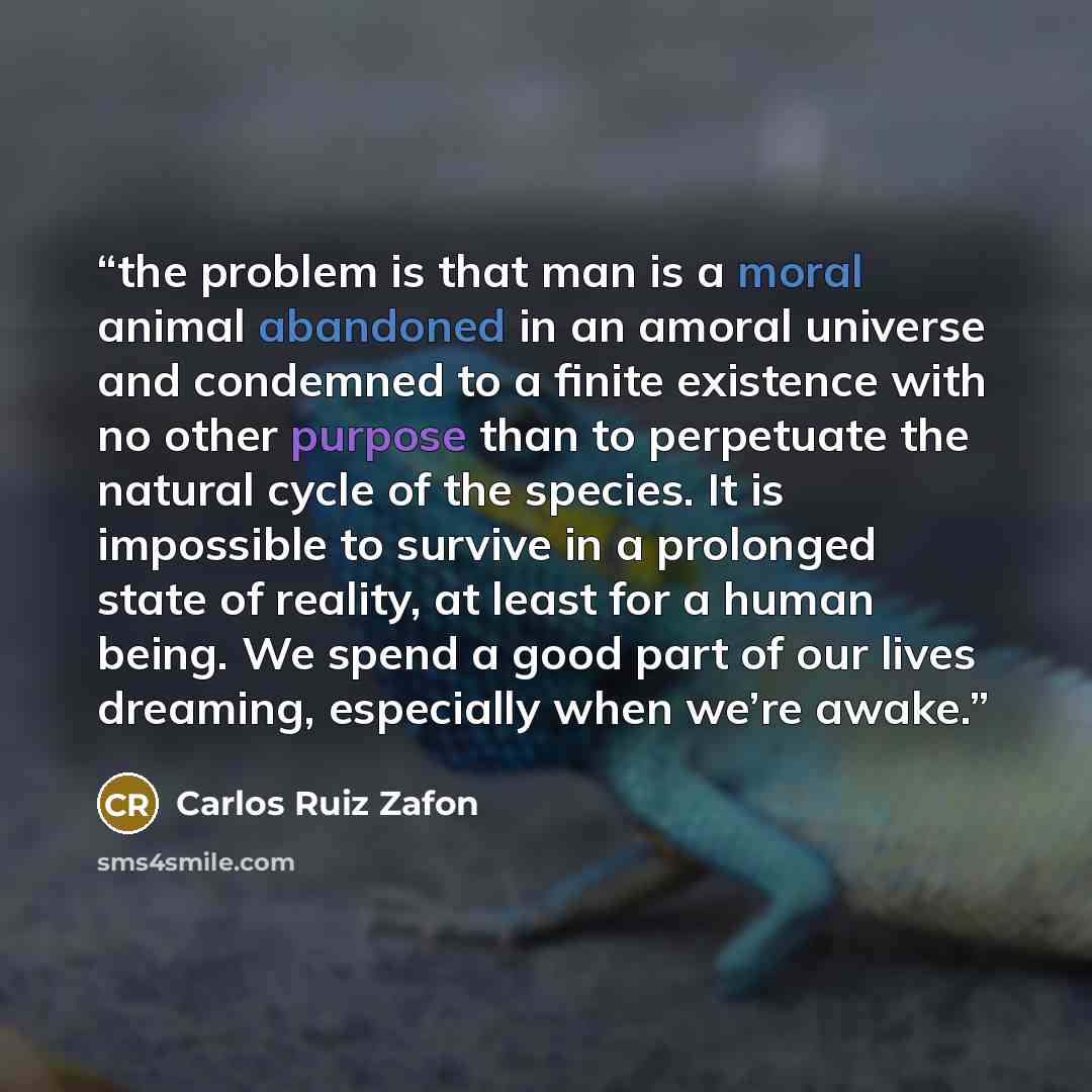 “the problem is that man is a moral animal abandoned in an amoral universe and condemned to a finite existence with no other purpose than to perpetuate the natural cycle of the species. It is impossible to survive in a prolonged state of reality, at least for a human being. We spend a good part of…” quote by Carlos Ruiz Zafón