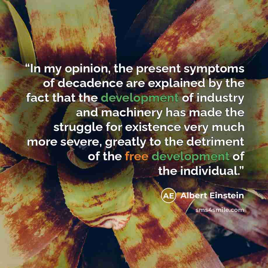 “In my opinion, the present symptoms of decadence are explained by the fact that the development of industry and machinery has made the struggle for existence very much more severe, greatly to the detriment of the free development of the individual.” quote by Albert Einstein