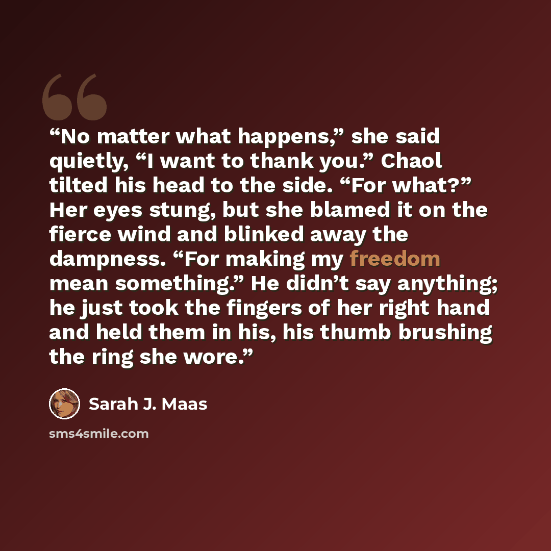 “No matter what happens,” she said quietly, “I want to thank you.” Chaol tilted his head to the side. “For what?” Her eyes stung, but she blamed it on the fierce wind and blinked away the dampness. “For making my freedom mean something.” He didn’t say anything; he just took the fingers of her right…” quote by Sarah J. Maas